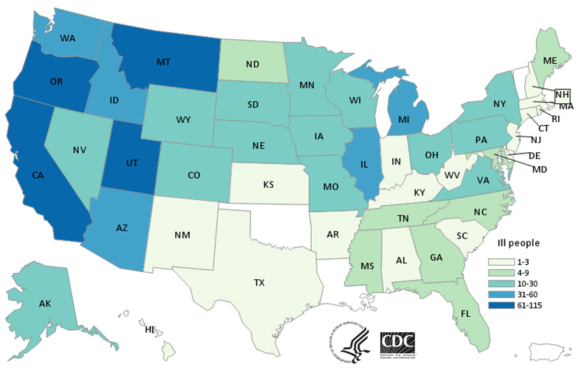 Graphic of the U.S. map with persons infected by state of residence as of August 18, 2020.