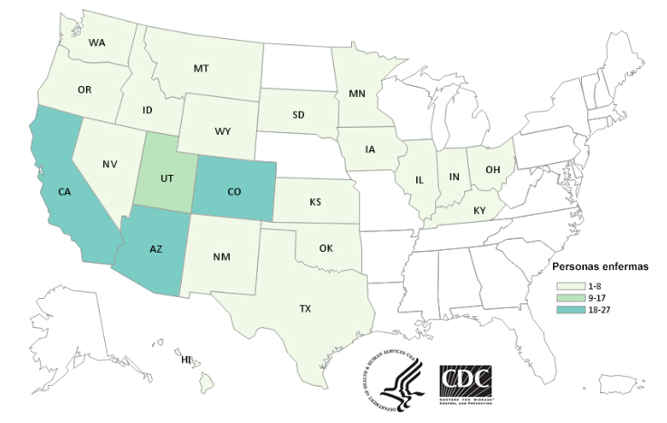 Personas infectadas por la cepa del brote de Salmonella Newport, por estado de residencia, hasta el 23 de octubre del 2018