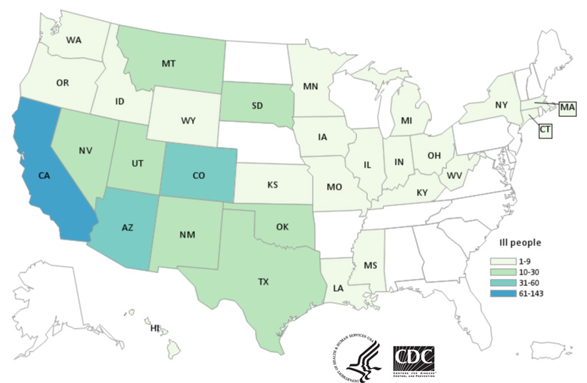 Map of United States - People infected with the outbreak strain of Salmonella, by state of residence, as of March 21, 2019