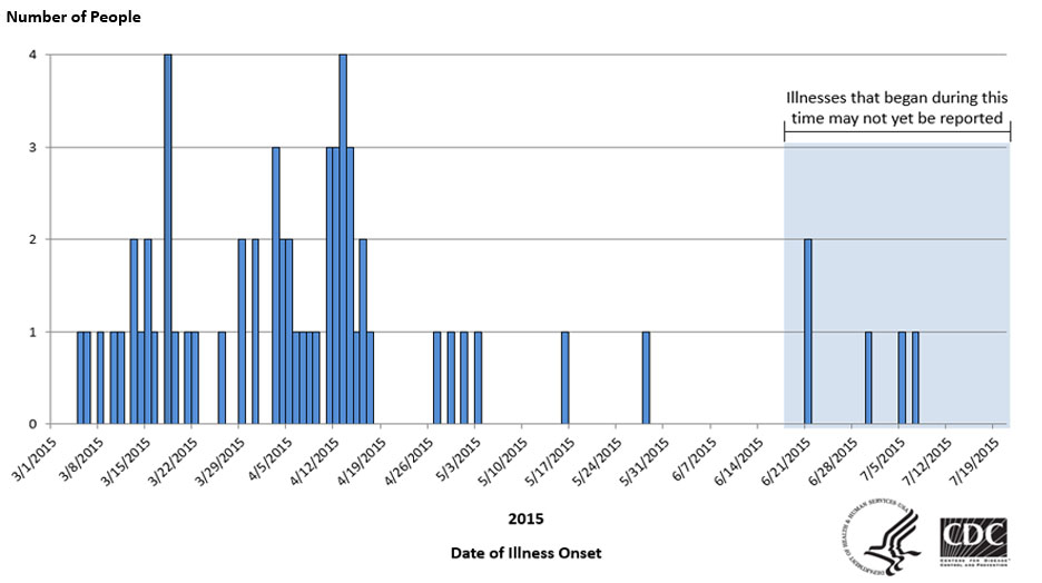 People infected with the outbreak strain of Salmonella Paratyphi B var. L(+) tartrate (+), by date of illness onset*