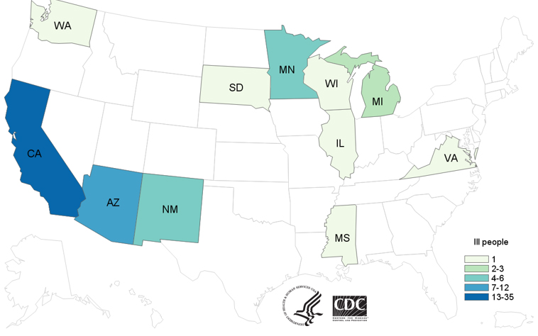 People infected with the outbreak strains of Salmonella Paratyphi B variant L(+) tartrate(+) or Salmonella Weltevreden, by state of residence, as of August 18, 2015 (n=65)