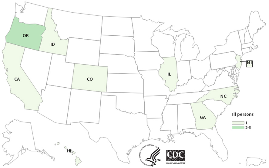 People infected with the outbreak strain of Salmonella Paratyphi B variant L(+) tartrate (+) , by state of residence, as of December 2, 2015 (n=11)