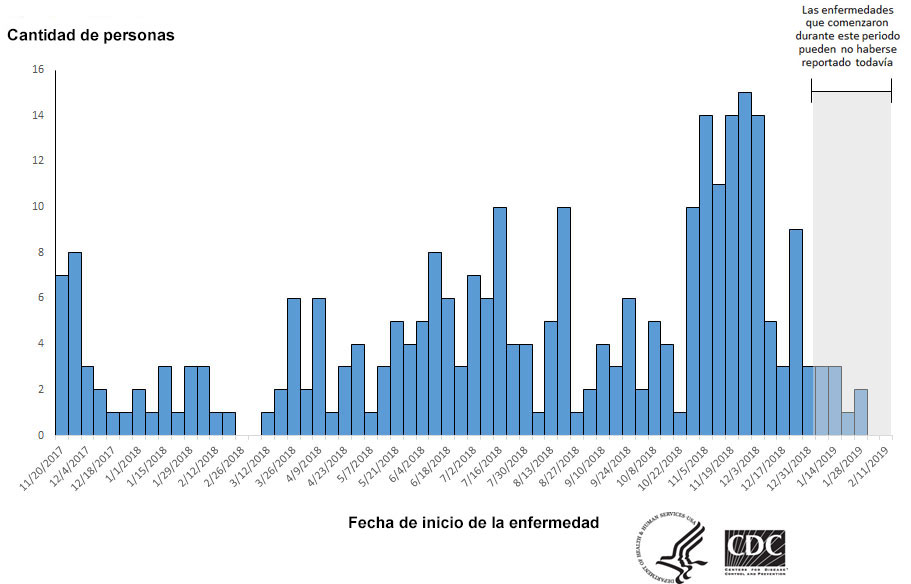 Personas infectadas por la cepa del brote de Salmonella Reading, por fecha de inicio de la enfermedad, 2-13-19