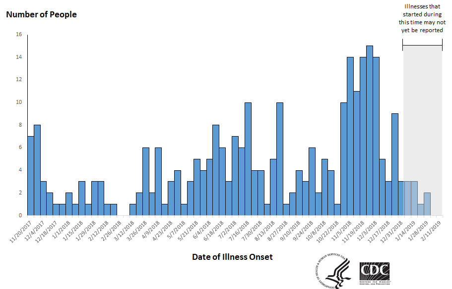 Epi curve of people infected with the outbreak strain of Salmonella, by date of illness onset, as of February 13, 2019