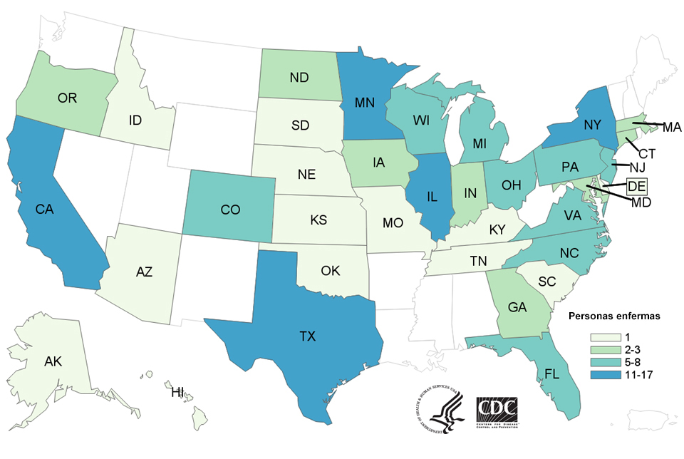 Personas infectadas por la cepa del brote de Salmonella Reading, por estado de residencia, hasta el 5 de noviembre del 2018