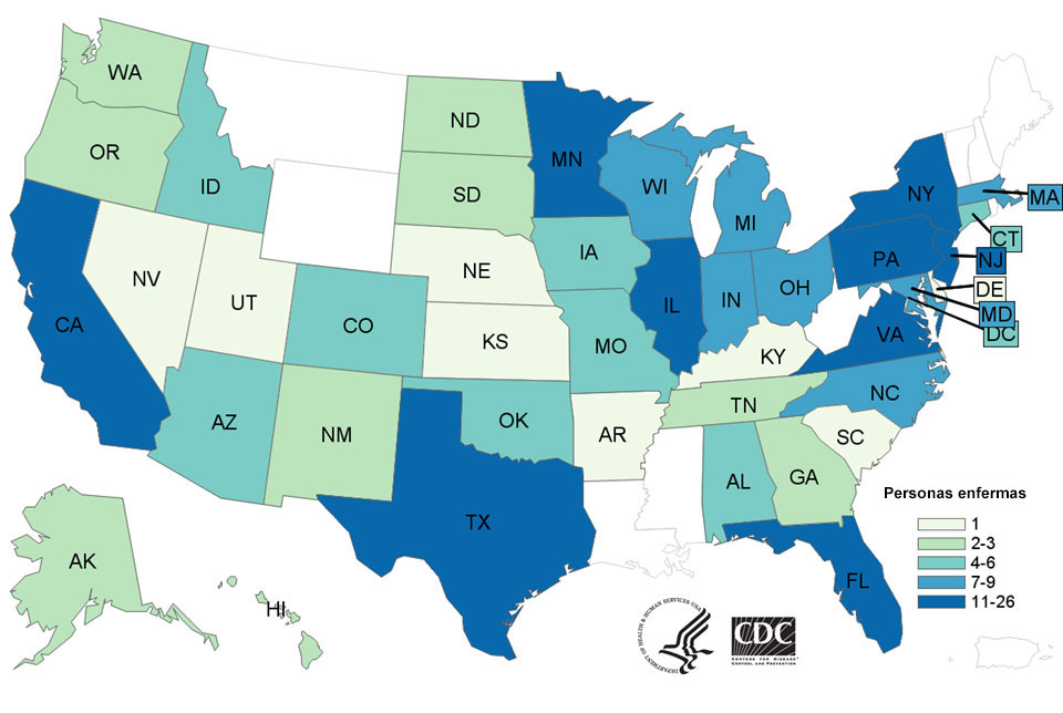 Personas infectadas por la cepa del brote de Salmonella Reading, por estado de residencia, 2-13-19