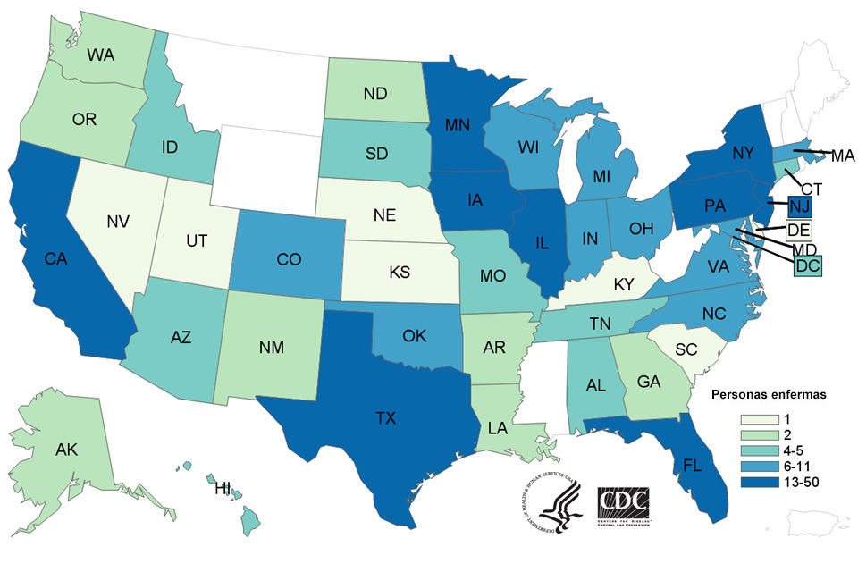 Personas infectadas por la cepa del brote de Salmonella Reading, por estado de residencia, 4-22-19