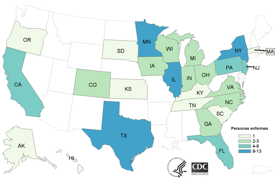Personas infectadas por la cepa del brote de Salmonella Reading, por estado de residencia, hasta el 11 de julio del 2018