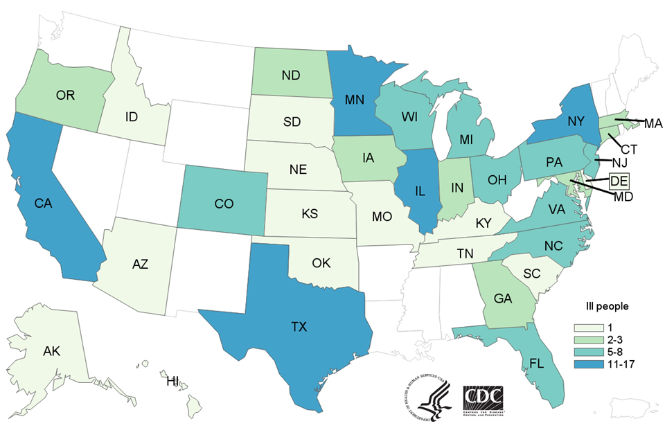 Map of United States - People infected with the outbreak strain of Salmonella, by state of residence, as of November 5, 2018