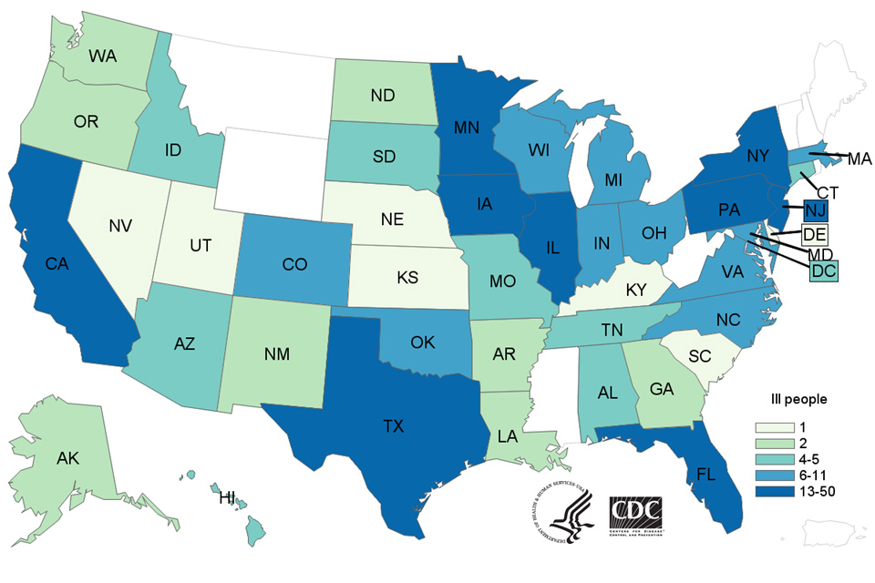 Map of United States - People infected with the outbreak strain of Salmonella, by state of residence, as of April 22, 2019