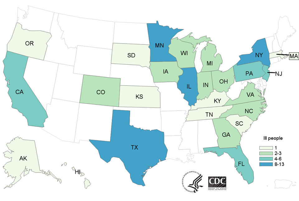 Map of United States - People infected with the outbreak strain of Salmonella, by state of residence, as of July 11, 2018