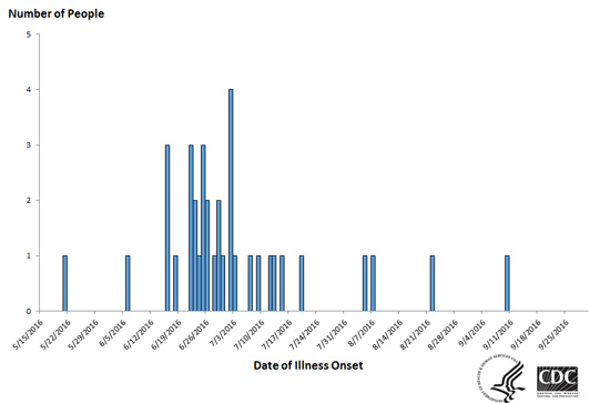 People infected with the outbreak strains of Salmonella Reading or Salmonella Abony, by date of illness onset*