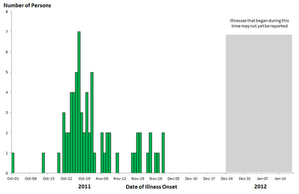 Final Epi Curve: Persons infected with the outbreak strain of Salmonella Enteritidis, by date of illness onset