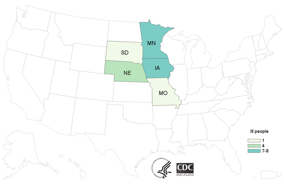 Map of United States - People infected with the outbreak strain of Salmonella, by state of residence, as of July 17, 2018