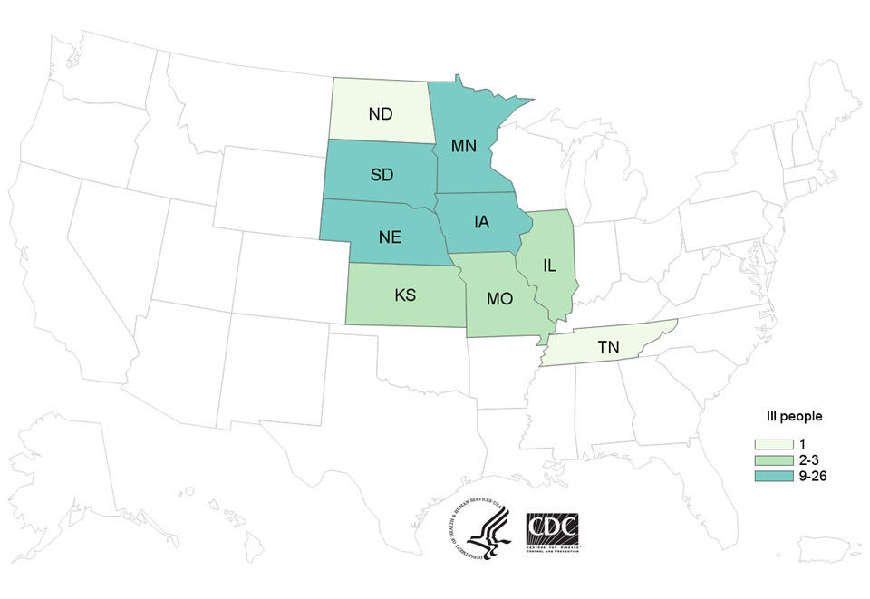 Map of United States - People infected with the outbreak strain of Salmonella, by state of residence, as of July 30, 2018