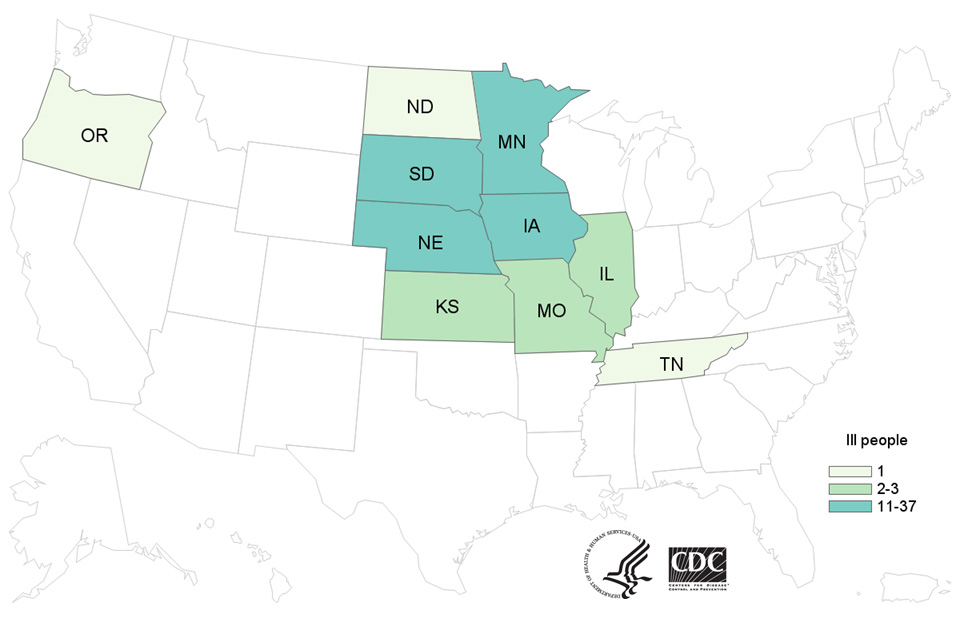 Map of United States - People infected with the outbreak strains of Salmonella, by state of residence, as of September 4, 2018