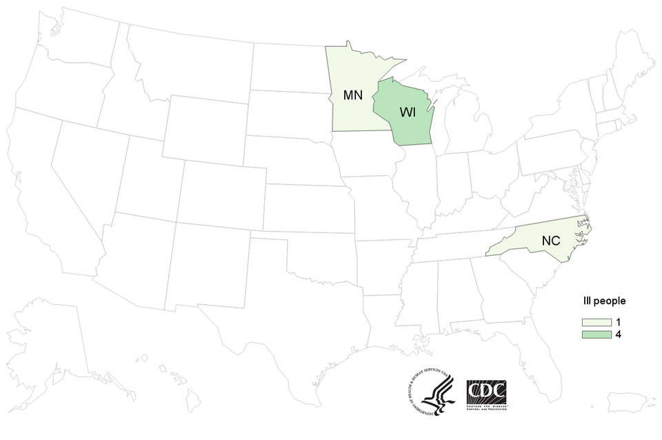 Map of United States - People infected with the outbreak strain of Salmonella, by state of residence, as of March 14, 2019