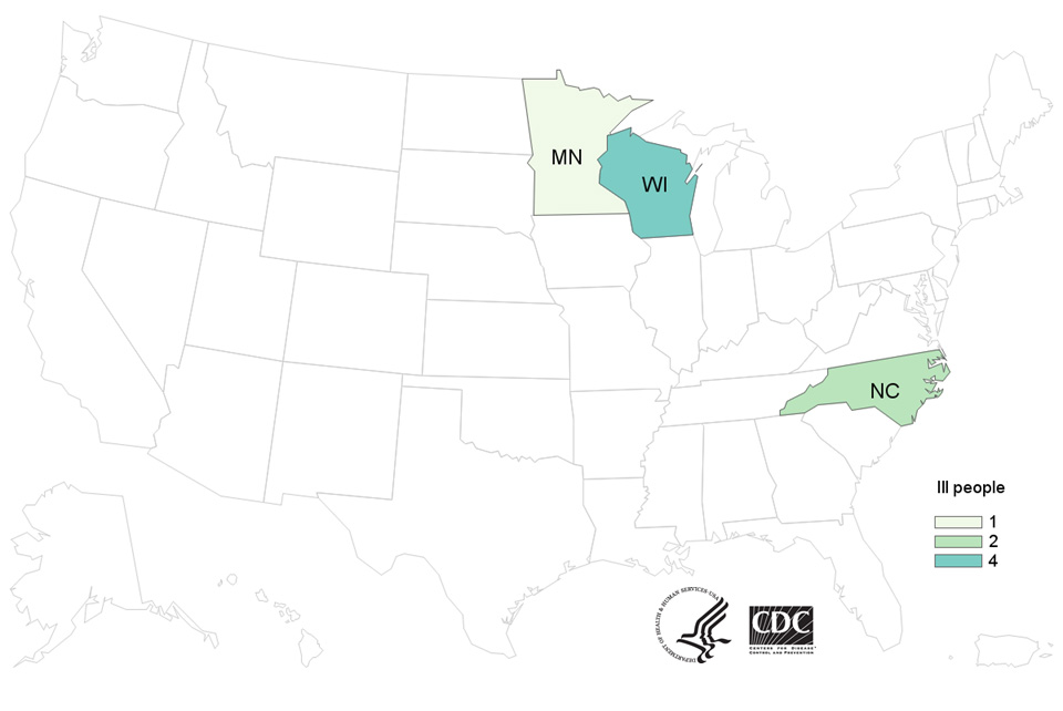 Map of United States - People infected with the outbreak strain of Salmonella, by state of residence, as of May 3, 2019