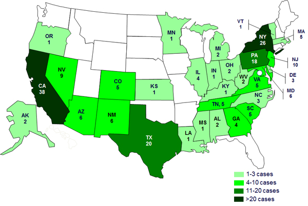 Case Count Map: September 20, 2012: Persons infected with turtle-associated outbreak strains of Salmonella, by state