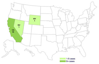 Case Count Map 1-31-2014: Persons infected with the outbreak strain of Salmonella Stanley, by state. A total of 17 ill persons infected with the outbreak strain of Salmonella Stanley were reported from three states. Most of the ill people were reported from California (88%). The number of ill persons identified in each state was as follows: California (15), Nevada (1), and Wyoming (1).