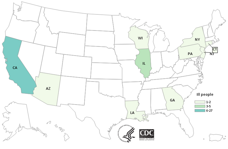 Map of United States - People infected with the outbreak strain of Salmonella, by state of residence, as of October 2, 2020