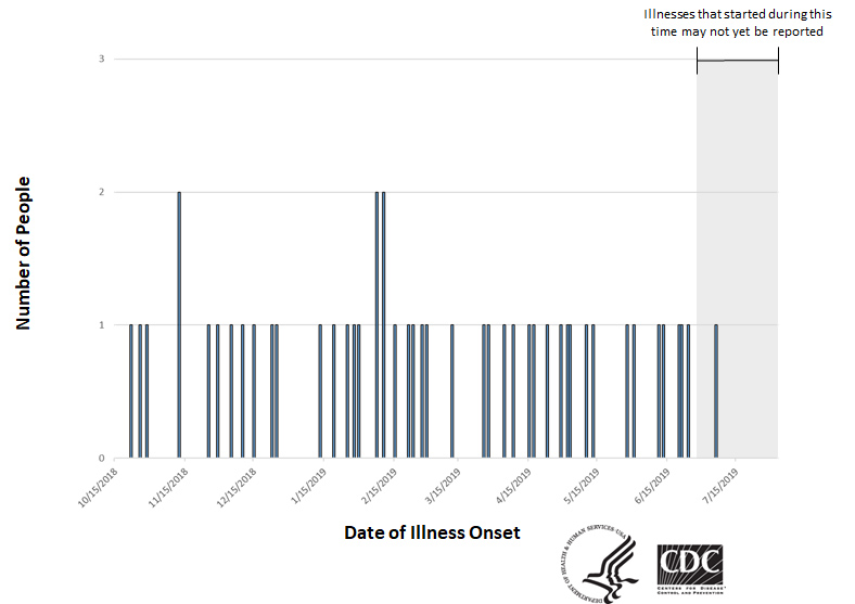 Epi curve of people infected with the outbreak strain of Salmonella, by date of illness onset, as of July 31, 2019