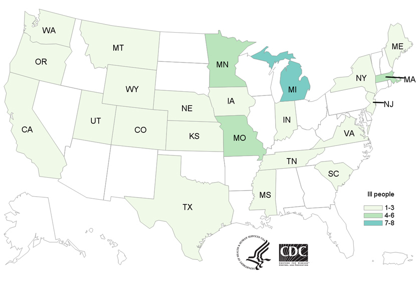 Map of United States - People infected with the outbreak strain of Salmonella, by state of residence, as of October 2, 2019