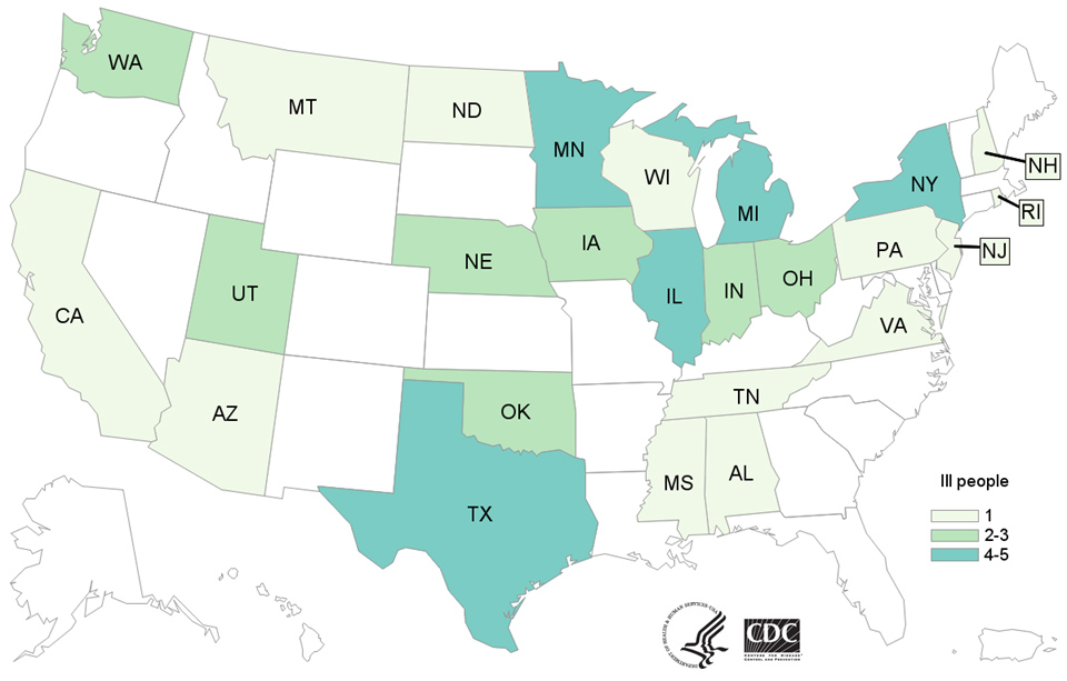 Map of United States - People infected with the outbreak strain of Salmonella, by state of residence, as of January 11, 2021