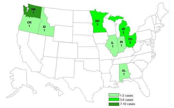 Case Count Map: April 16, 2013--Persons infected with the outbreak strain of Salmonella Typhimurium, by State