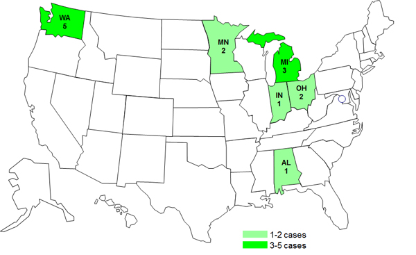 Case Count Map: September 5, 2012-- Persons infected with the outbreak strain of Salmonella Typhimurium, by State