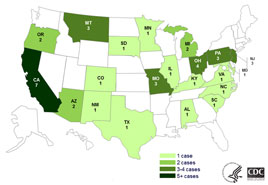 Persons infected with the outbreak strains of Salmonella Typhimurium, by date of illness onset