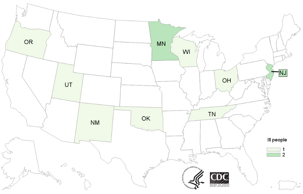 People infected with the outbreak strain of Salmonella Virchow, by state of residence, as of February 1, 2016 (n=11)