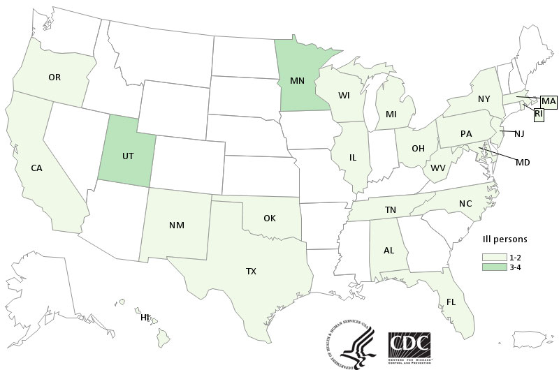 People infected with the outbreak strain of Salmonella Virchow, by state of residence, as of April 21, 2016