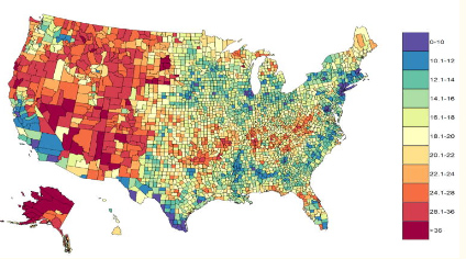 Predicted county-level suicide death rates in 2015.