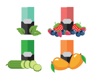 Image of the flavors that can be used with e-cigarettes: strawberries, cucumbers, mint, peaches