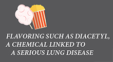 Icon with label: Flavoring such as Diacetyl, a chemical linked to a serious lung disease