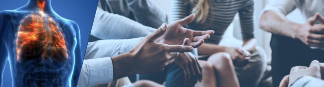 Photo of person speaking casually to group of people using a hand gesture