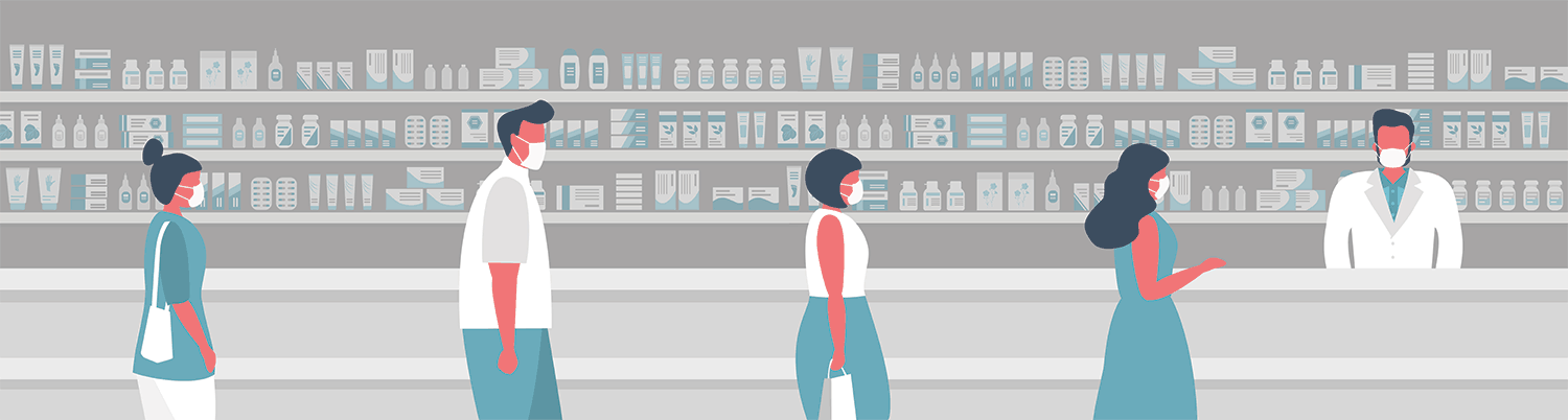 Illustration of a retail pharmacy setting showing customers in front of a pharmacist