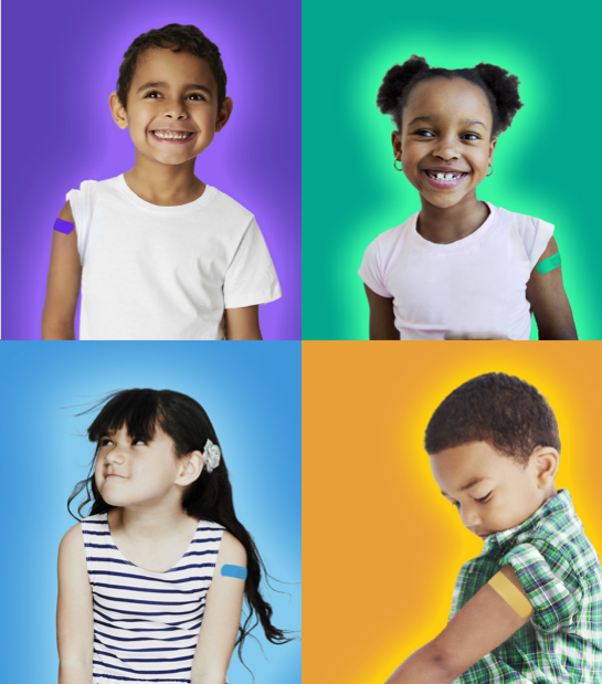 Image of four children with bandages on illustrating getting vaccinated.