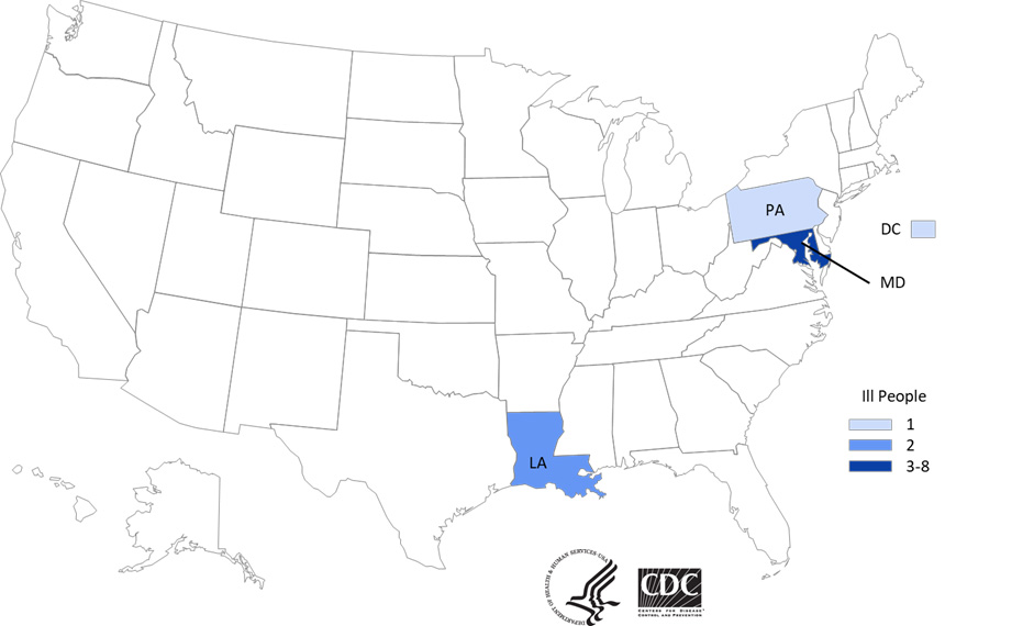 People infected with the outbreak strain of Vibrio, by state of residence, as of July 13, 2018