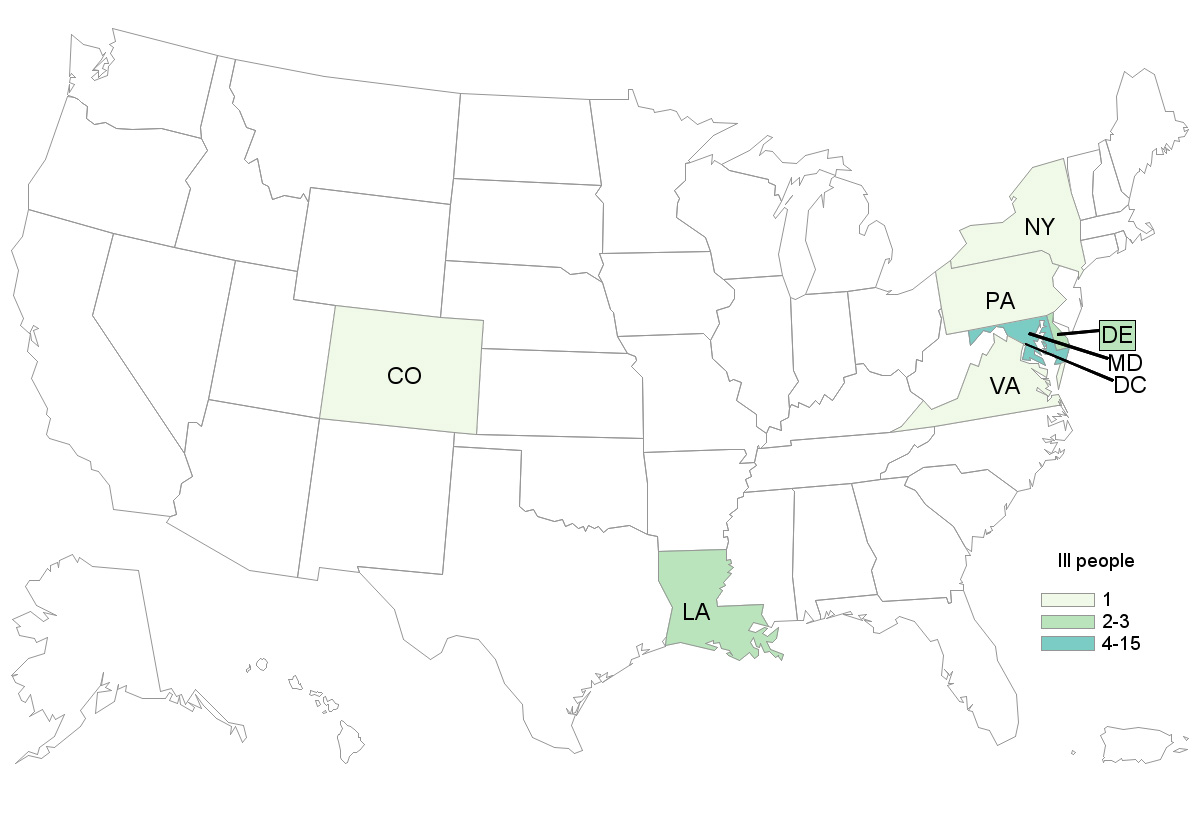 People infected with the outbreak strain of Vibrio, by state of residence, as of September 18, 2018