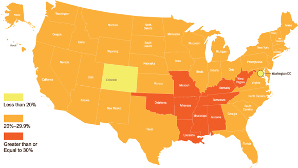 Map: Prevalence of obesity among adults — Behavioral Risk Factor Surveillance System, United States, 2009.