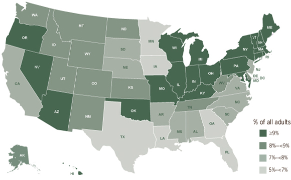 Adults with asthma in the US, 2009. Asthma among adults increased significantly from 2001 to 2009 in 22 states and the District of Columbia.