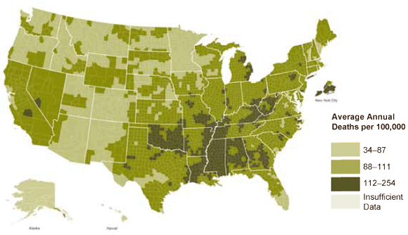 High blood pressure and high blood cholesterol increase the risk for heart disease and stroke.  This map shows heart disease death rates for US adults age 35 and over from 2002-2007 by county. Counties with the highest heart disease death rates are located primarily in the Southern United States.