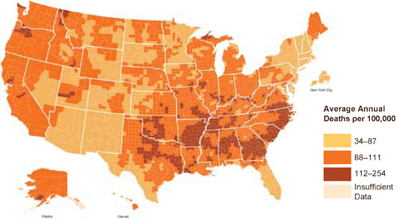 High blood pressure and high blood cholesterol increase the risk for heart disease and stroke.  This map shows stroke death rates for US adults age 35 and over from 2002-2007 by county. Counties with the highest stroke death rates are located primarily in the Southern United States.