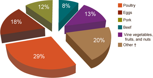  This chart shows the percentages of different single food commodities that are associated with Salmonella outbreaks: Poultry: 29.3%; Eggs: 17.6%; Pork: 11.7%; Beef: 8.3%; Vine: 6.8%; Fruits-nuts: 6.3%; Dairy: 5.4% Other**: 14.6%. **Other includes: Sprouts, leafy greens, roots, fish, grains-beans, shellfish, oil-sugar, and dairy.