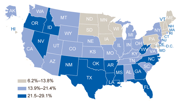 Map: Percentage of adults 18–64 years old without health insurance at the time of interview — 2009 Behavioral Risk Factor Surveillance System, US