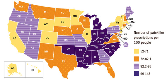 Some states have more painkiller prescriptions per person than others.