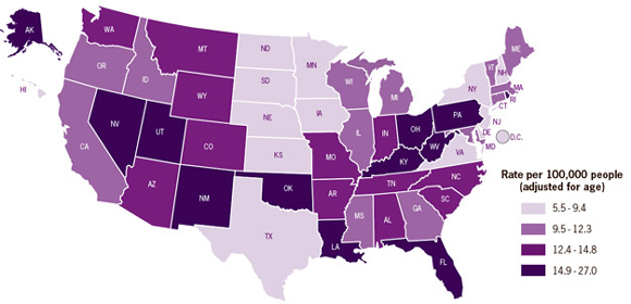 Map: Drug overdose death rates by state per 100,000 people (2008)